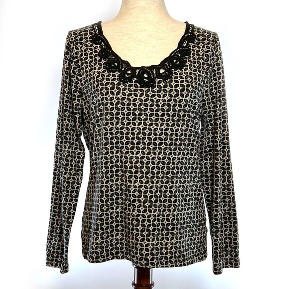 Liz Claiborne Brown Geometric Long Sleeve Scoop Neck Top LG - Picture 1 of 7